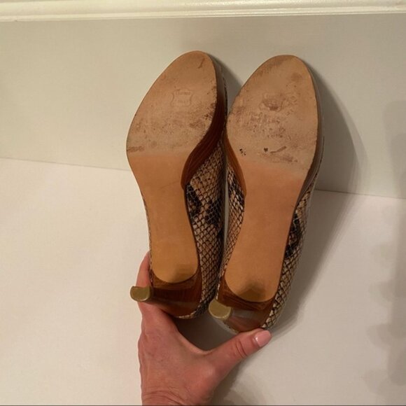 STUART WEITZMAN HEELS SHOES PEEP TOE BROWN BLACK REPTILE LOOK LEATHER - Picture 13 of 14